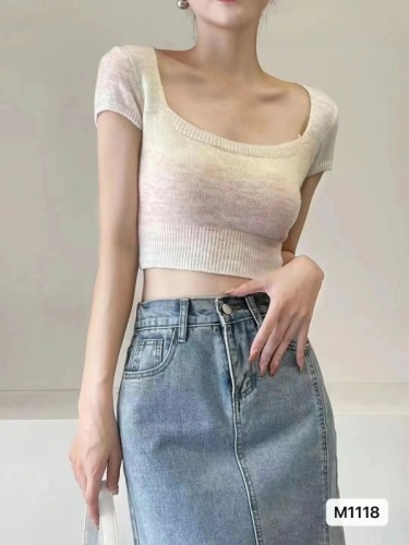  summer new square collar gradient tie-dye high waist short-sleeved top women