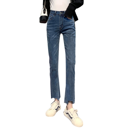 Real shot of loose dark blue high-waisted jeans for women looking thin and tall in 2023 new straight elastic slim thickened