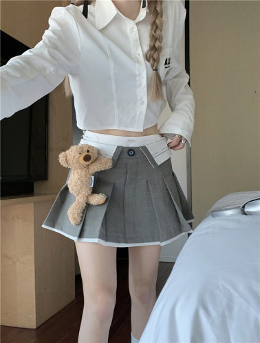 Spot real shot~ playful houndstooth all-match color bear pleated skirt + short long-sleeved shirt for women