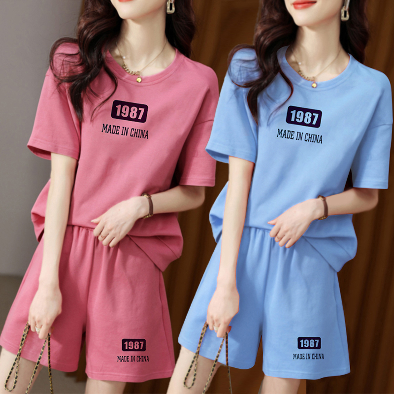 Casual fashion suit female 2023 summer thin section loose foreign style all-match sports short-sleeved shorts two-piece set