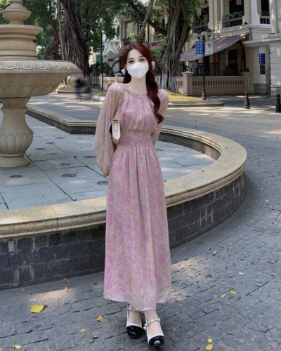 Real shot real price French style light cooked style round neck hollow waist slimming floral chiffon long platycodon dress
