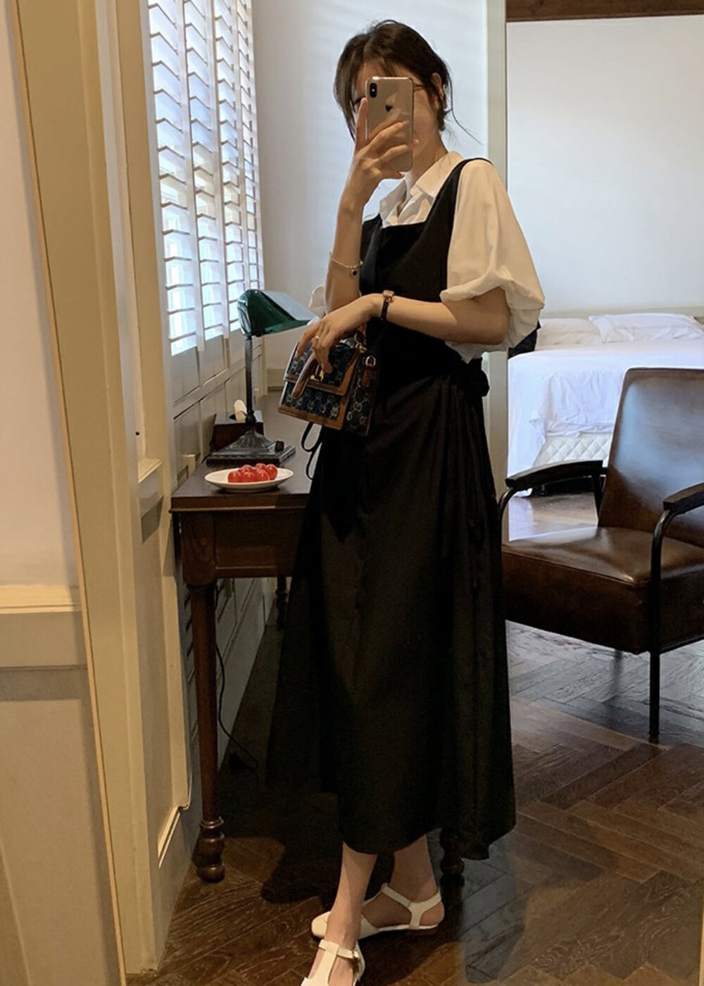 [JH] Lantern sleeve short-sleeved shirt + drawstring age-reducing dress suit 43763# PCZ