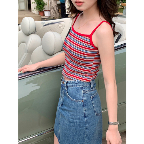 Net price does not decrease real shot  spring and summer new striped color belt chest pad camisole women's Korean version slimming top