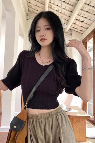 Real price real shot round neck sweater short-sleeved women's top spring and summer all-match solid color inner retro bottoming shirt