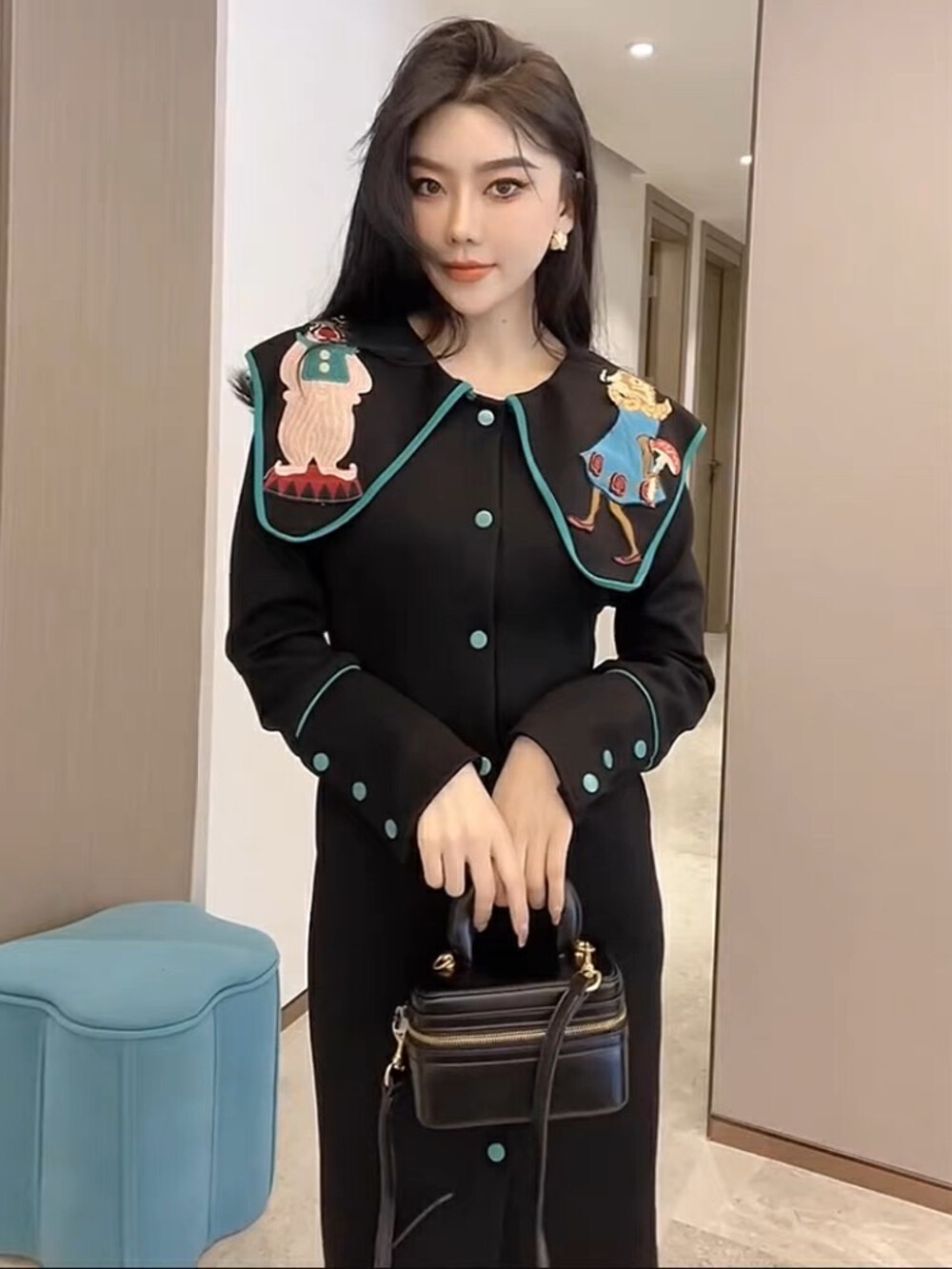 2023 early spring new!【JH】Cartoon Embroidered Doll Collar Breasted Waist Dress 43574# PCZ