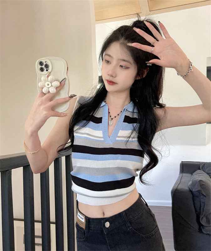 Real price real shot ice silk striped knitted vest women's summer sweet cool chic top sweet and spicy design sense beautiful back
