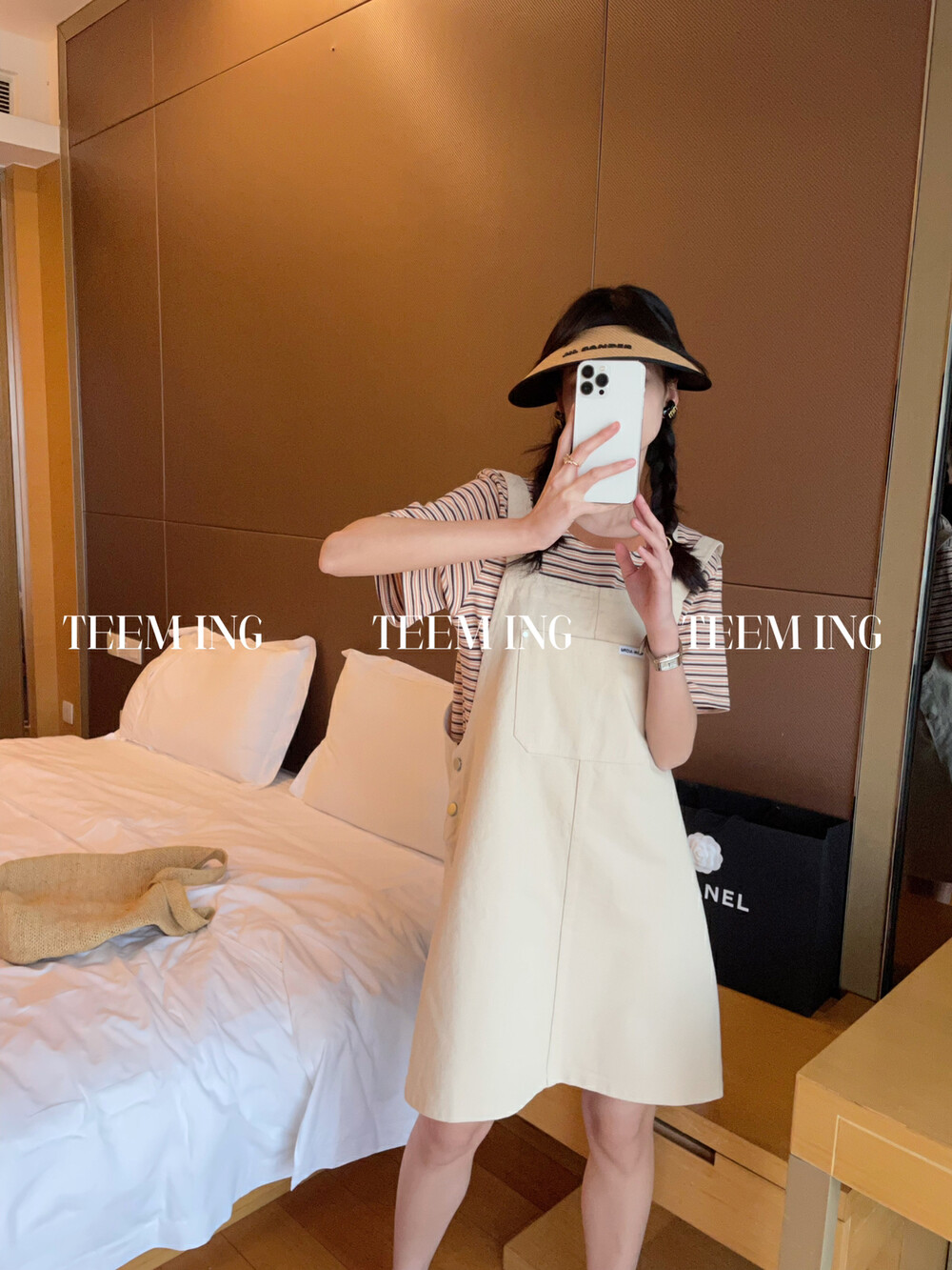 [TEEM ING] Korean age-reducing suspender skirt + round neck striped all-match short-sleeved T-shirt set 027# HJY