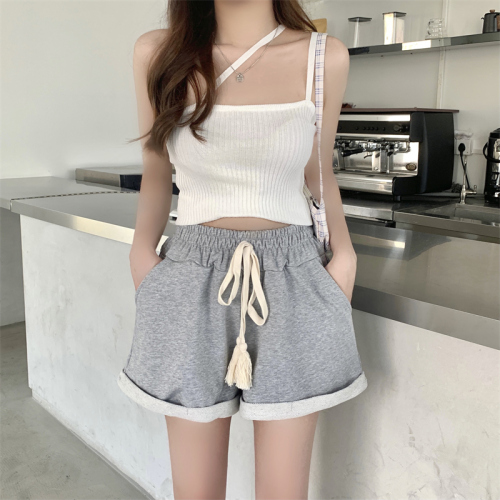 Real shot Nett 6535 Cotton Fish Scale Summer Dress Woven Belt Drawstring Shorts Female Wide Leg Pocket Popular