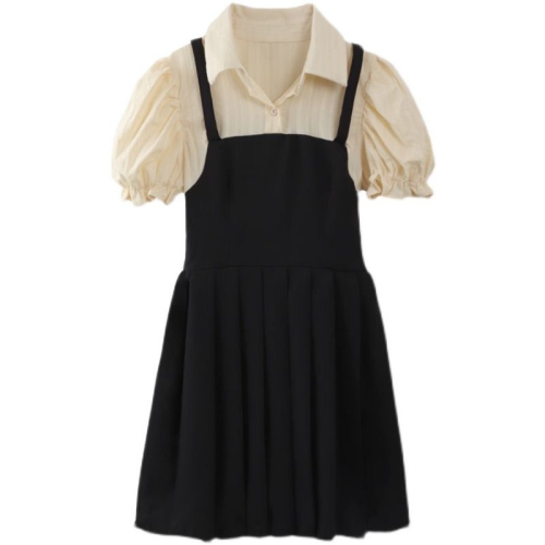 Summer small girls college style waist slimming fake two-piece polo collar puff sleeve splicing design sense dress