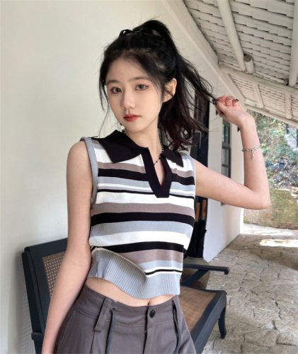 Real price real shot ice silk striped knitted vest women's summer sweet cool chic top sweet and spicy design sense beautiful back