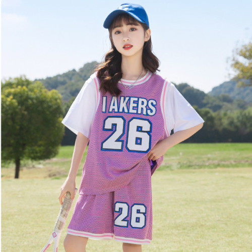 Girls suit summer new primary and secondary school students sports suit little girl foreign balloon suit shorts two-piece set