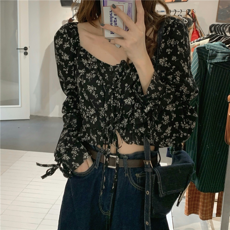 Real price! Retro French square neck high waist open navel shirt women's lace up long sleeve Floral Top