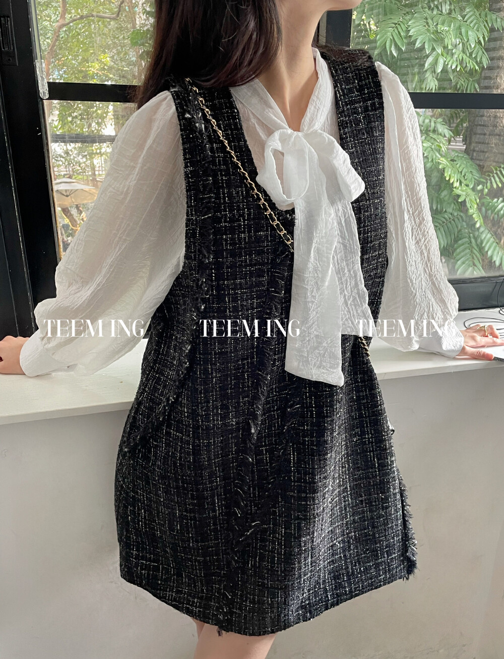 2023早春新款!【TEEM ING】 法式天絲蝴蝶結襯衫+娃娃背帶裙套裝  015#  HJY