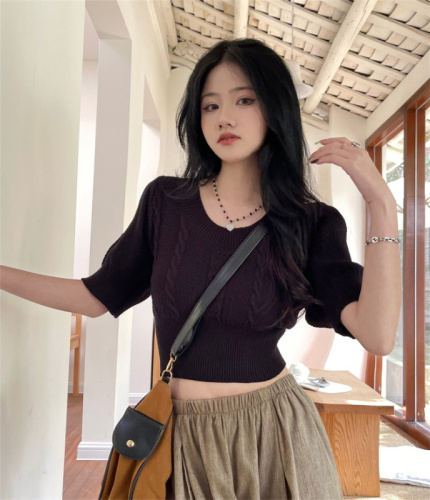 Real price real shot round neck sweater short-sleeved women's top spring and summer all-match solid color inner retro bottoming shirt
