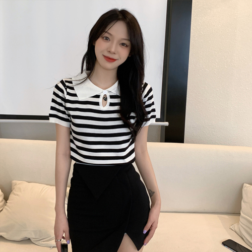 Real shot Japanese short-sleeved knitted sweater national tide cheongsam buckle Polo collar striped pullover thin section T-shirt top women