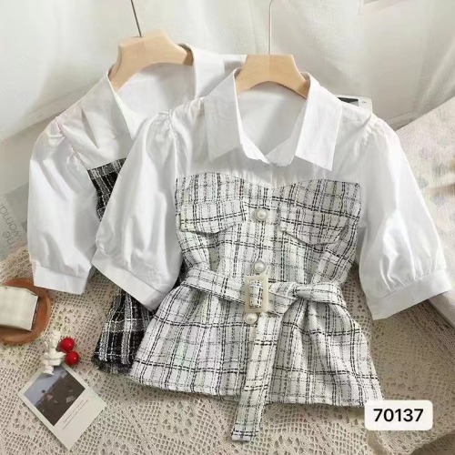 New design sense of small fragrant style Polo collar splicing plaid belt slimming short-sleeved top