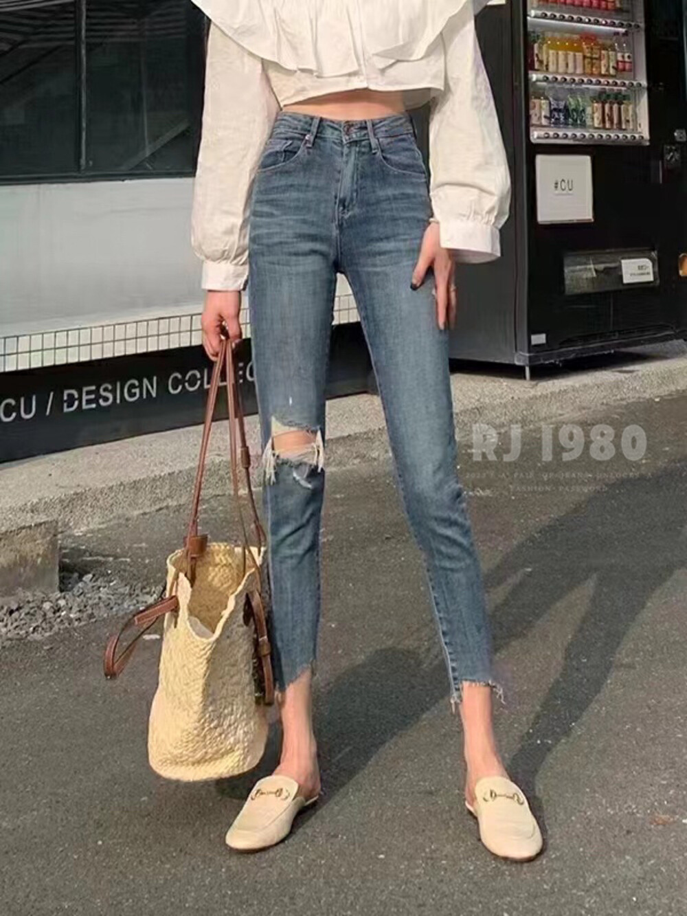 [1980] Spring and summer new style cut high elastic slim pants jeans 3C67117# ZXL
