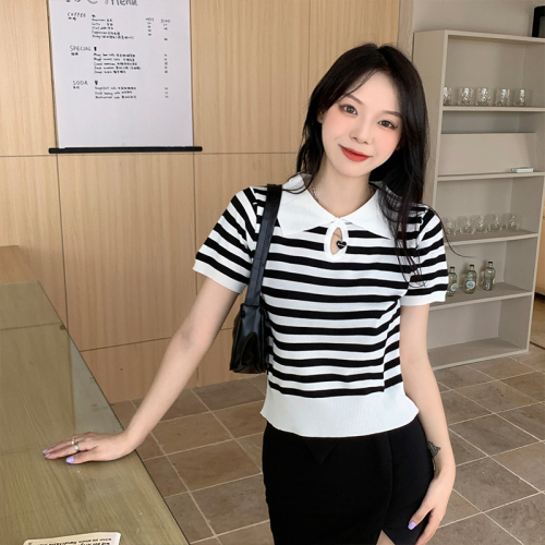 Real shot Japanese short-sleeved knitted sweater national tide cheongsam buckle Polo collar striped pullover thin section T-shirt top women