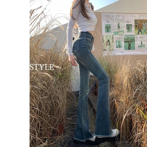 Women's 2023 Spring Dress New American Style Retro Slim Horseshoe Mopping Flared Jeans with High Waist Raw Edges
