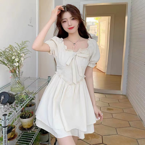 Add invisible zipper  summer French square collar fungus lace bow puff sleeve dress new women's clothing