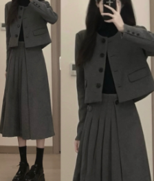 [Two-piece suit] Temperament college style high-grade gray woolen short coat female + high waist pleated skirt