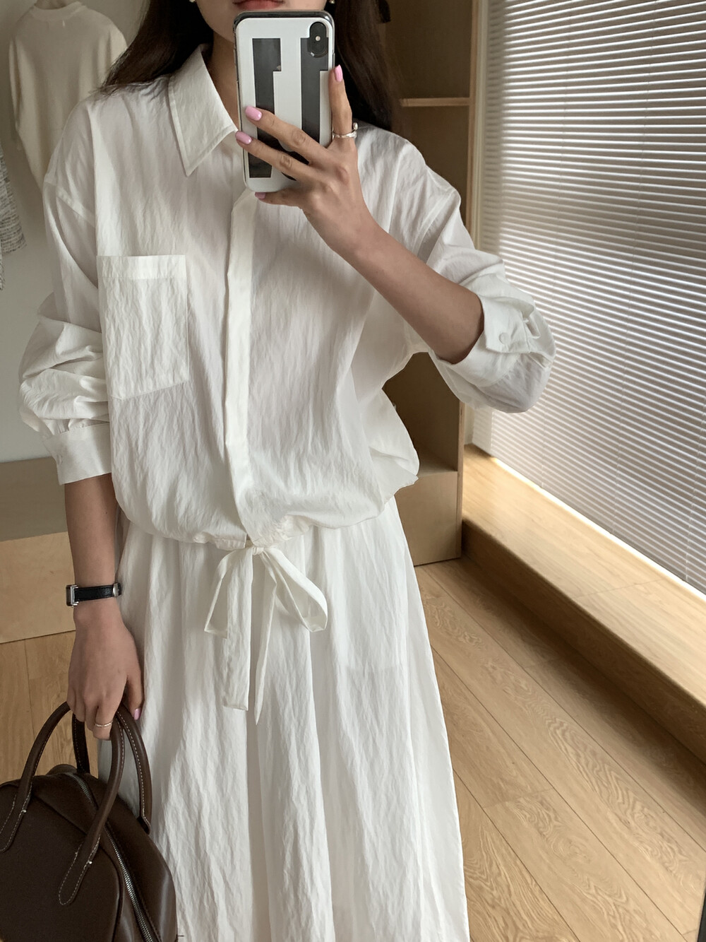 Hanboo【ON LINE】Lazy Style Comfortable Single Pocket Hem Tie Design Shirt SY-8006# CLS