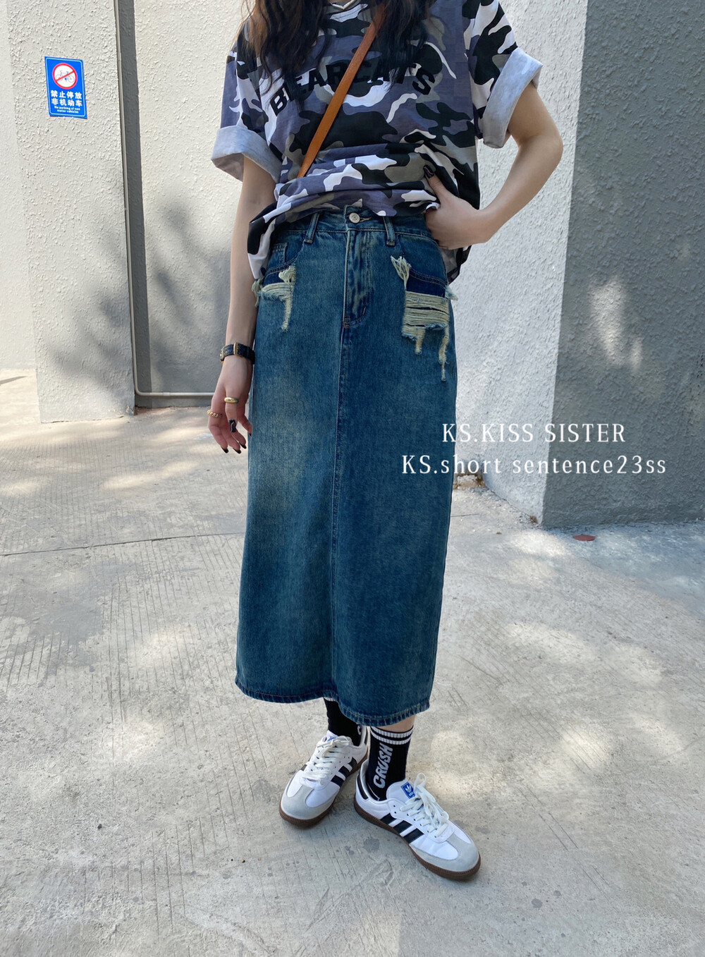【KS】American retro mid-length ripped denim skirt 6688