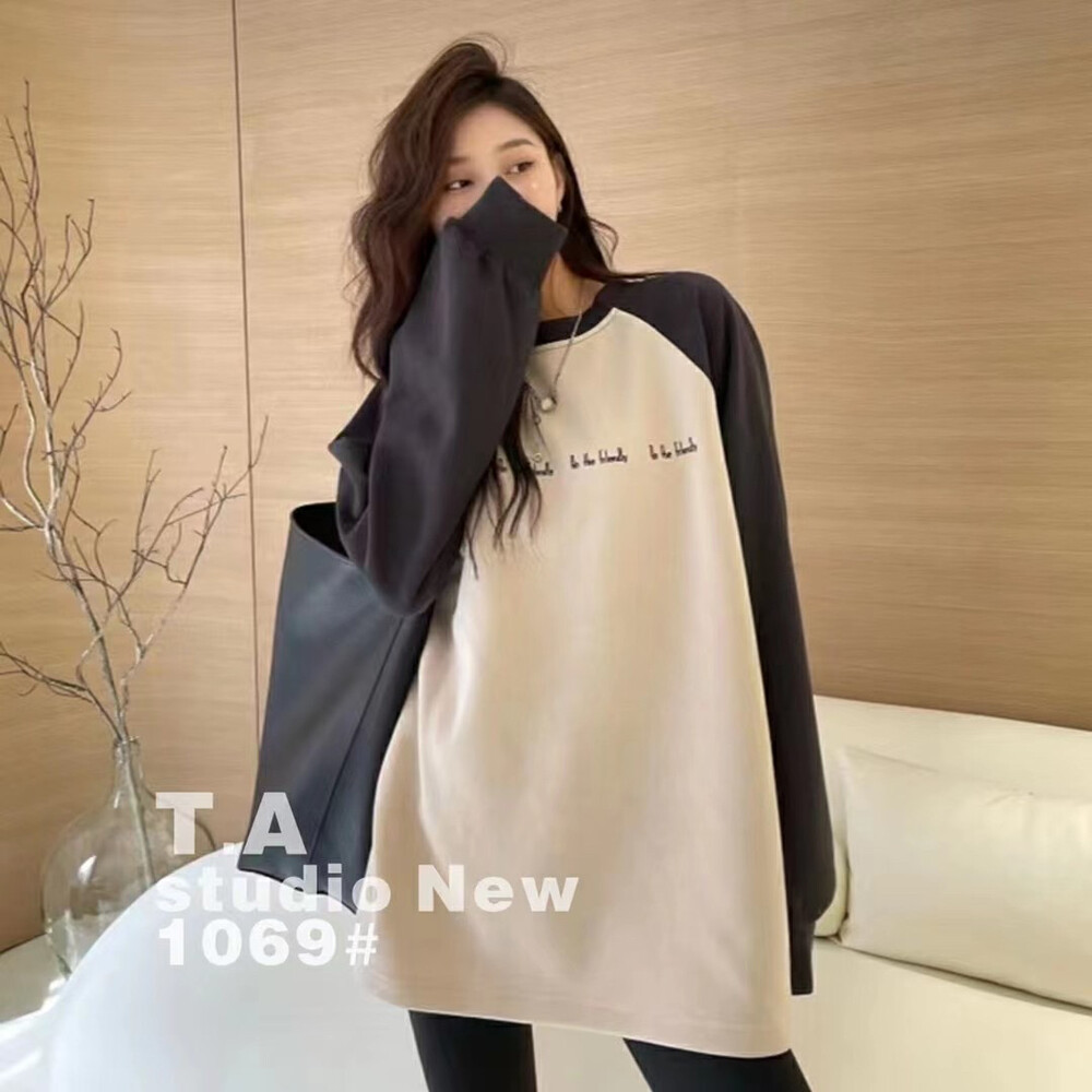 2023 early spring new! 【TA+】Color-block round neck letter long-sleeved T-shirt 1069# L