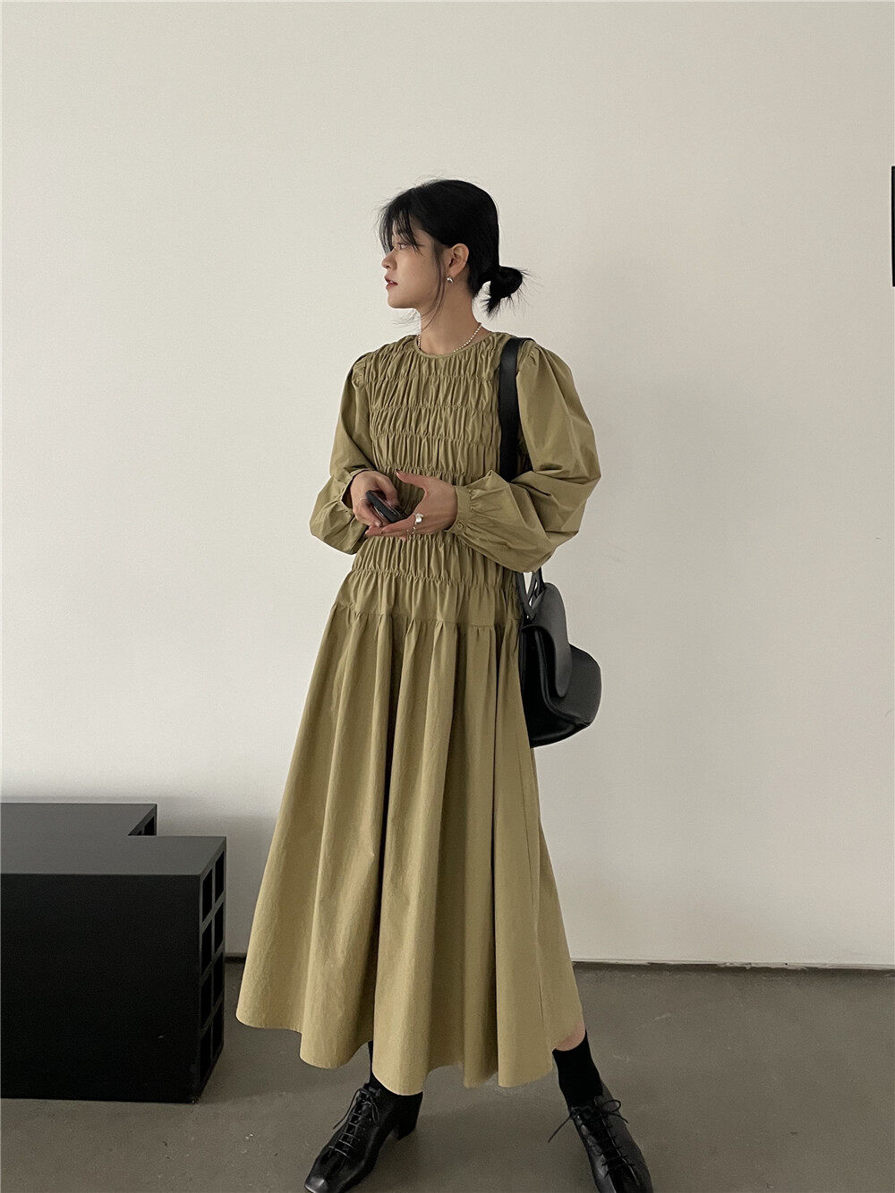 2023 early spring new! [SOUL] round neck fashion pleated design dress 6697# CLS