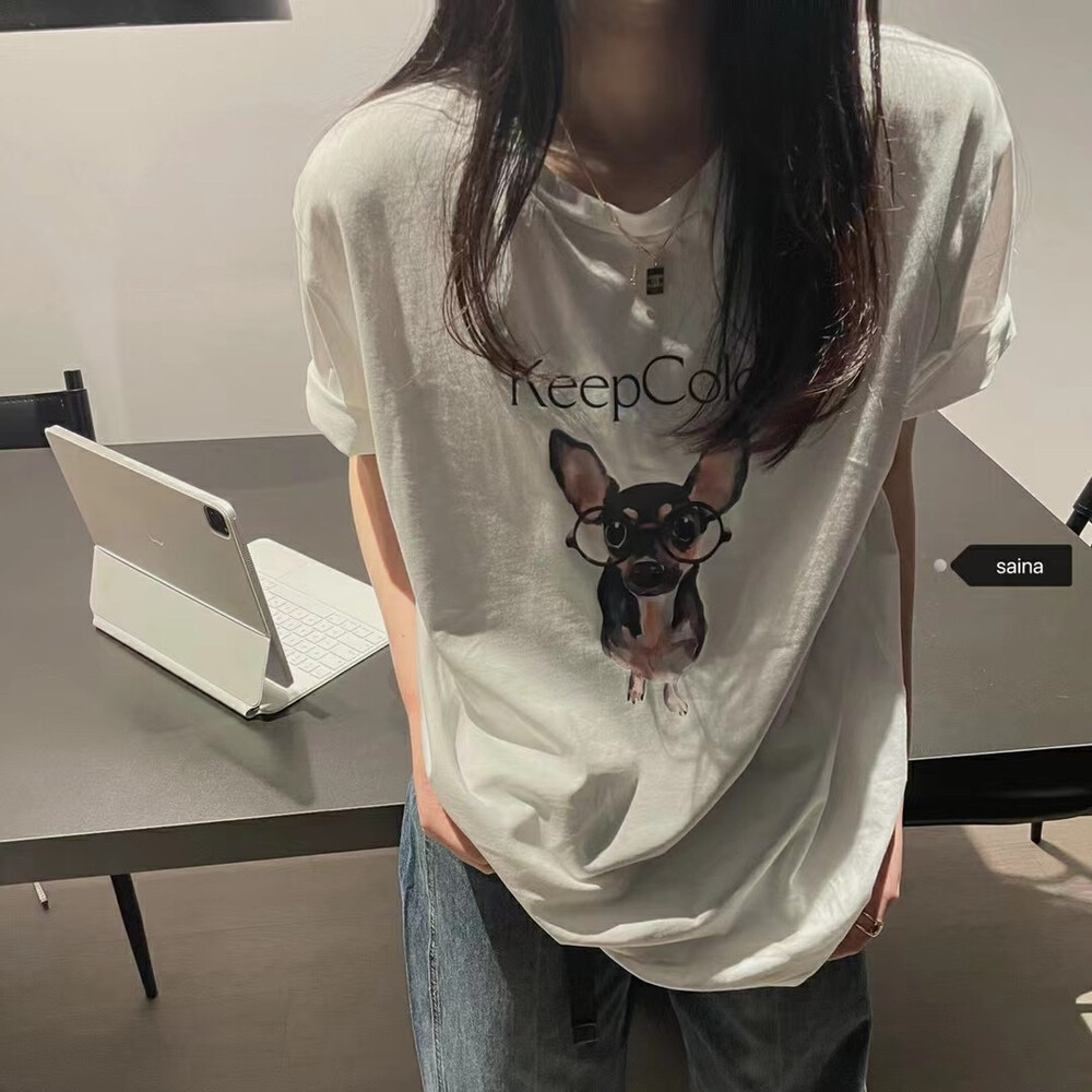 【SAINA FASHION】wearing glasses dog print pullover short-sleeved T-shirt T1277# CLS
