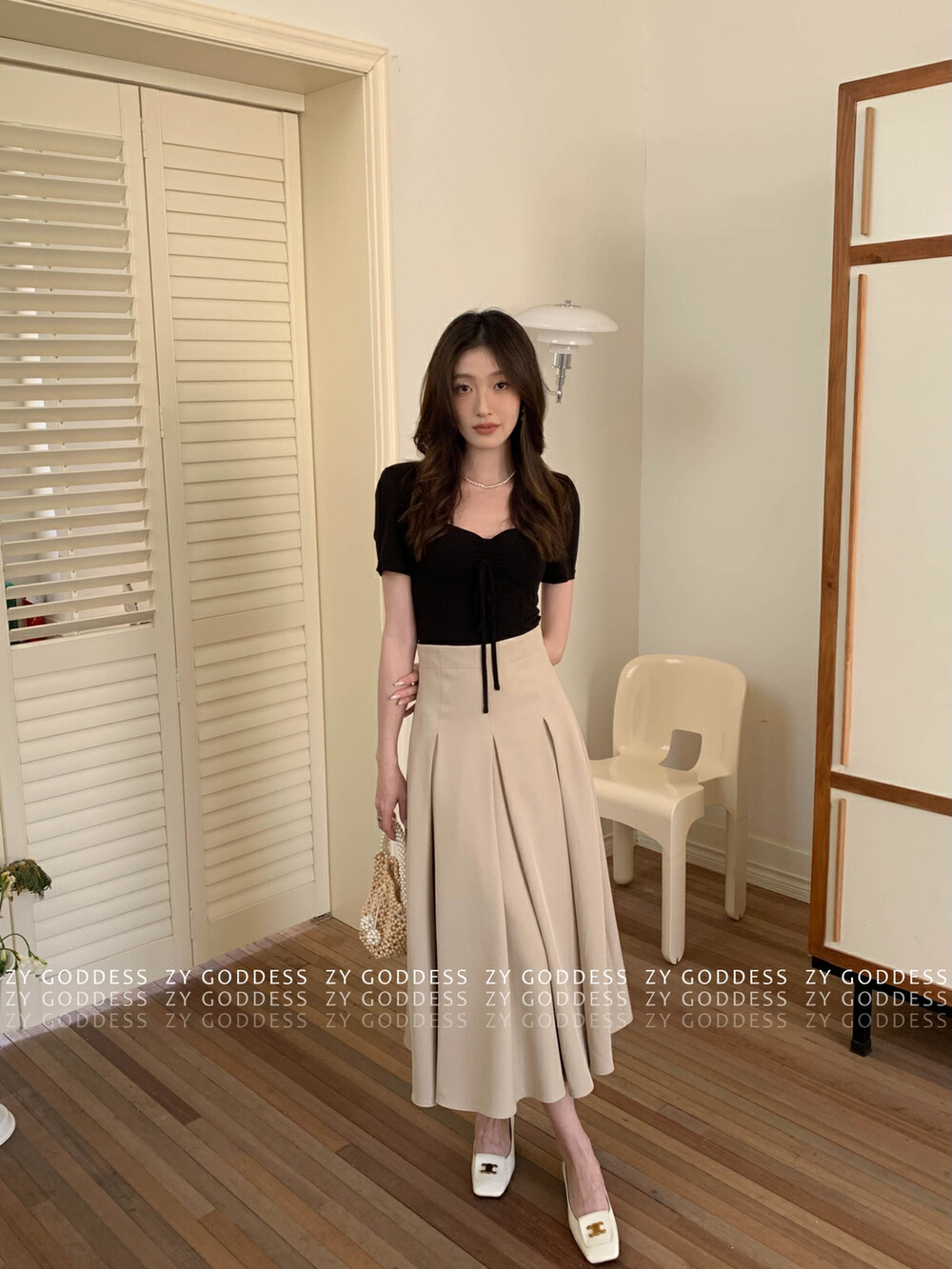 [ZY] pure desire hot girl square collar pleated tie short-sleeved top shirt (with chest pad) 6822A