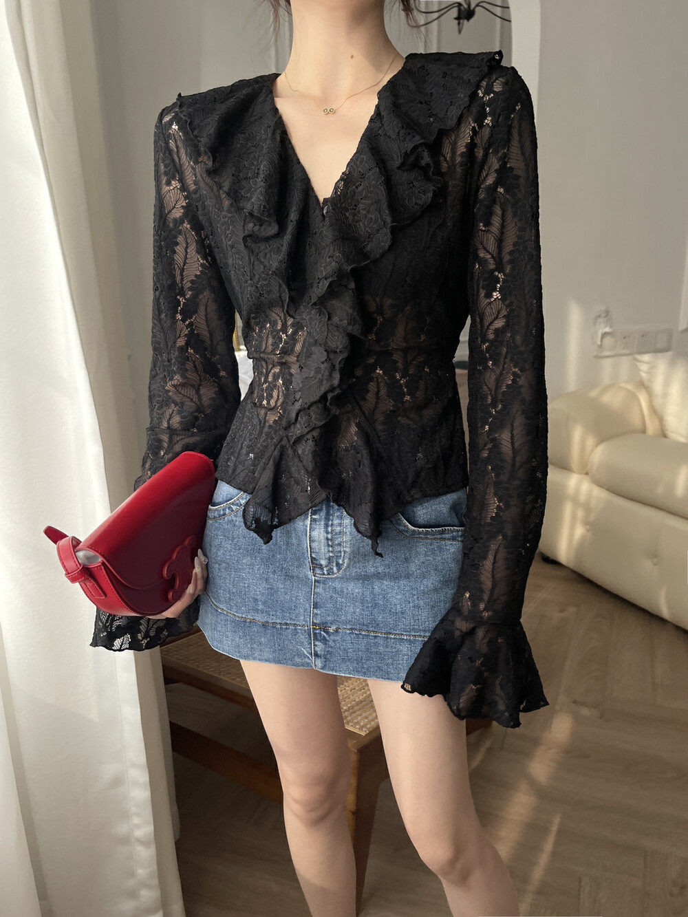 【ZY】Ballet style ruffles lace shirt trumpet sleeve pure desire hollow top sun protection shirt 6983
