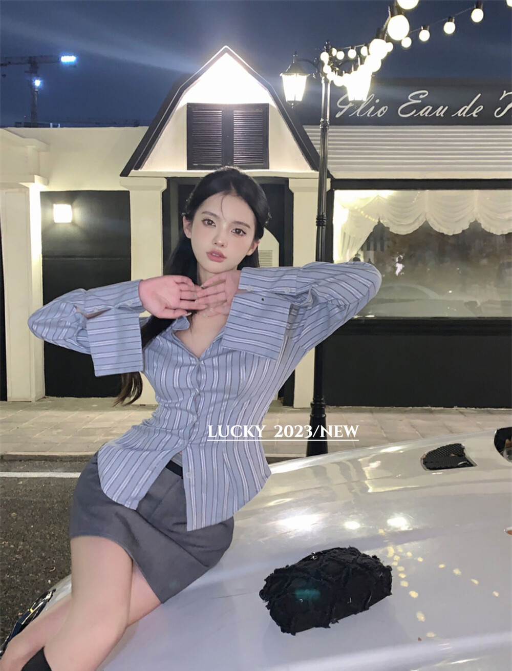 New in early spring 2023! 【LUCKY】Striped embroidered loose shirt + slim skirt two-piece suit 9958# ZXX