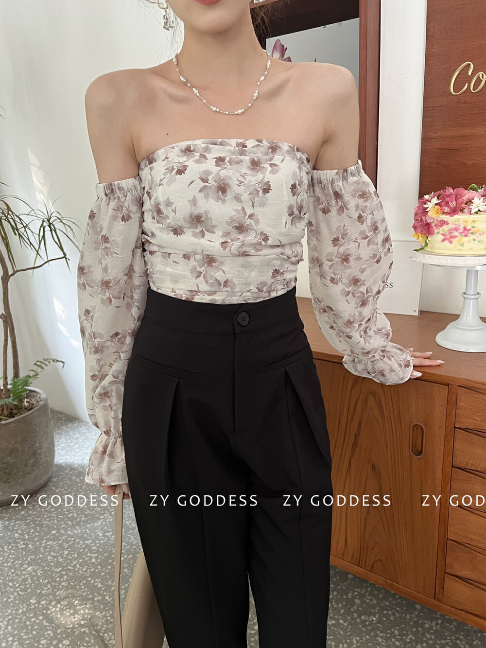 【ZY】Sweet floral tube top one-shoulder pure desire wind self-cultivation tie bow top chiffon shirt 6955A