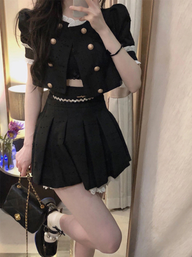 College style black small fragrance suit women's summer short high-end small dress sweet and spicy suit pleated skirt two-piece set