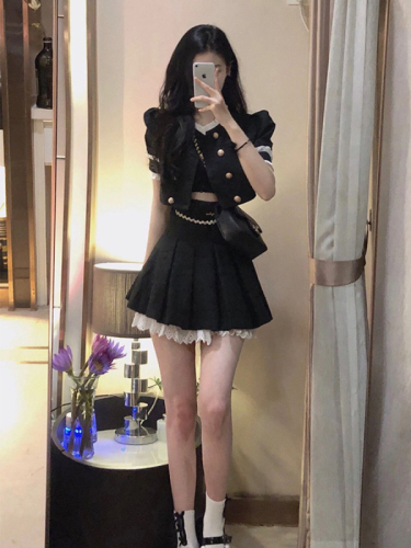 College style black small fragrance suit women's summer short high-end small dress sweet and spicy suit pleated skirt two-piece set