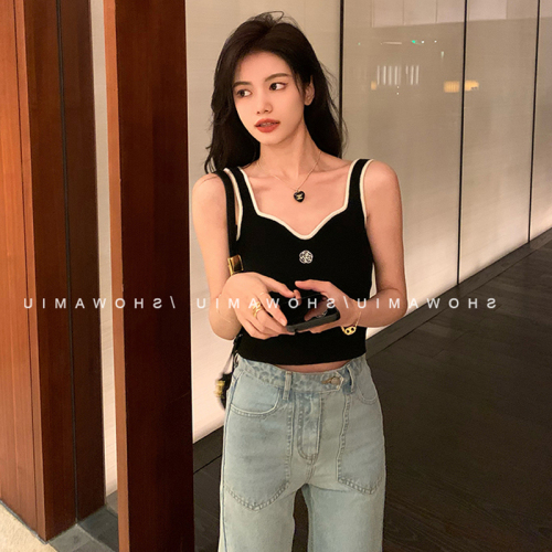 Xiaoxiangfeng Camellia Embroidery Knitted Camisole Top Women's Summer French Chic Bottom Suit With Small Vest