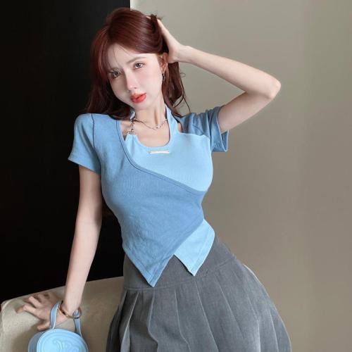 Sweet and spicy style hanging neck shoulder short-sleeved T-shirt women's summer unique special cross irregular color contrast short bm top