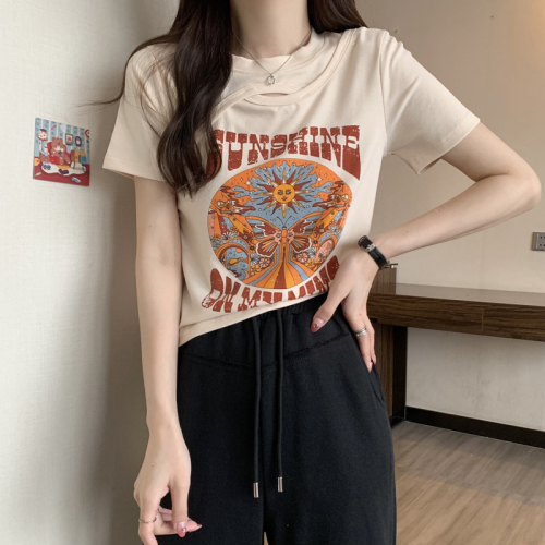 Thread 220g hot girl hollow short-sleeved T-shirt women's summer niche design sense printed slim fit thin top
