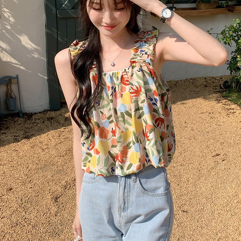 Real shot chiffon shirt floral small camisole women's inner wear outer wear summer short sleeveless T-shirt pastoral wind top