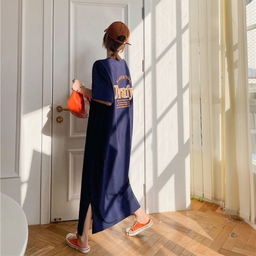 Summer new fashion large size slit print T-shirt long skirt long knee-length dress