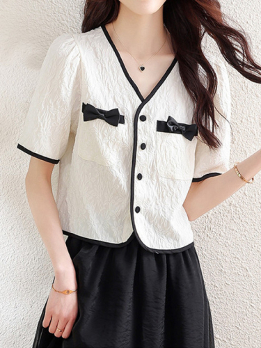 Small fragrant style bowknot puff sleeve shirt women's top  summer new loose V-neck short-sleeved shirt