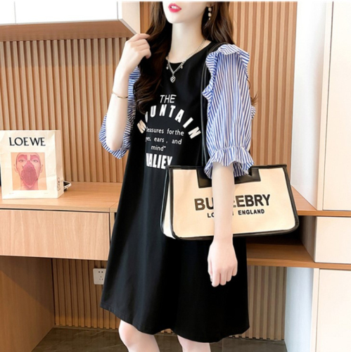Summer maternity dress mid-length splicing striped dress lotus leaf sleeve T-shirt female lazy wind does not show pregnant short-sleeved shirt