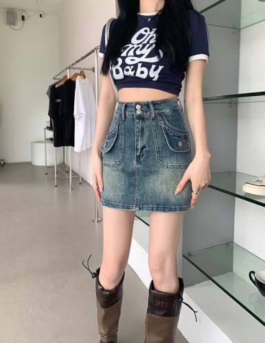 Real shot high waist denim skirt female summer Hong Kong style retro design culottes short skirt bag hip skirt hot girl skirt