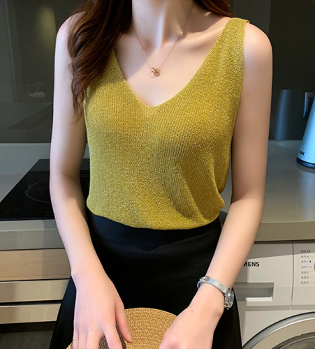 South Korea spring and summer new fashion bright silk knitting Halter vest women's slim sleeveless collar solid color base coat