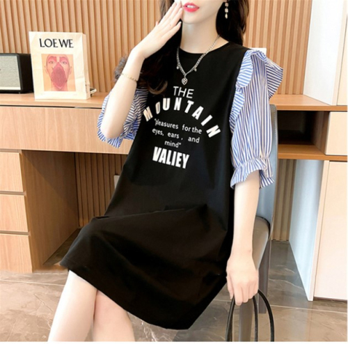Summer maternity dress mid-length splicing striped dress lotus leaf sleeve T-shirt female lazy wind does not show pregnant short-sleeved shirt