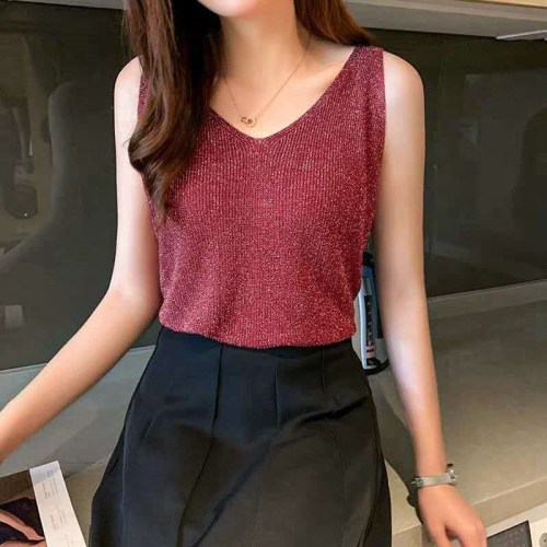 South Korea spring and summer new fashion bright silk knitting Halter vest women's slim sleeveless collar solid color base coat