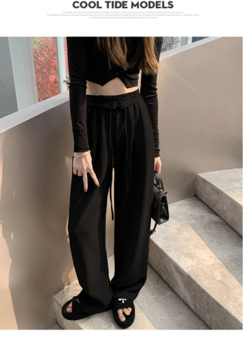 6535 Minnie# gray wide-leg pants women's spring and summer bandage sports pants high waist drape straight tube floor mopping casual pants