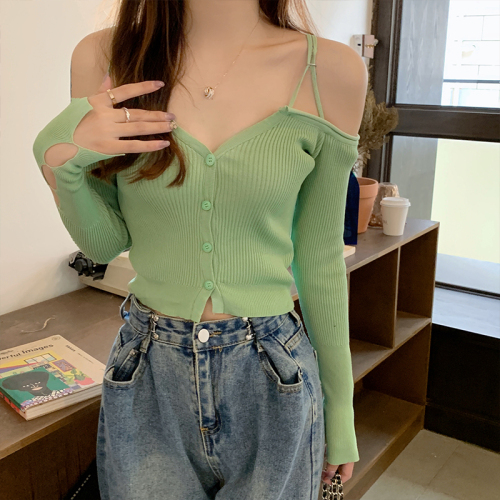 Real shot spot one-shoulder sling knitwear Hong Kong style autumn sexy off-the-shoulder hollow long-sleeved thin sweater