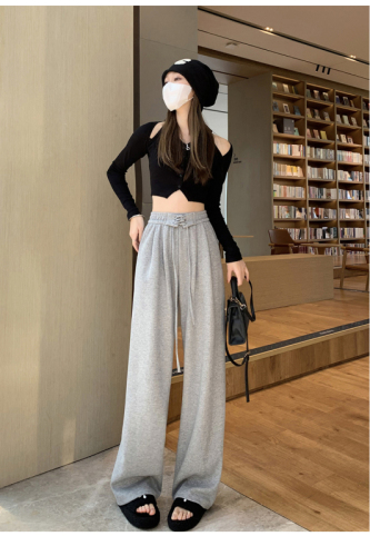 6535 Minnie# gray wide-leg pants women's spring and summer bandage sports pants high waist drape straight tube floor mopping casual pants